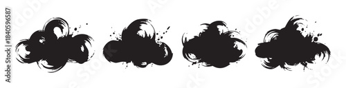 Black ink brush strokes create an abstract and expressive set of grunge design elements with textured splatters, perfect for artistic graphic projects.
