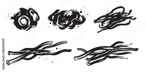 Abstract ink brush strokes collection features diverse artistic elements, including organic shapes, fluid lines, and textured splatters, perfect for creative design projects.