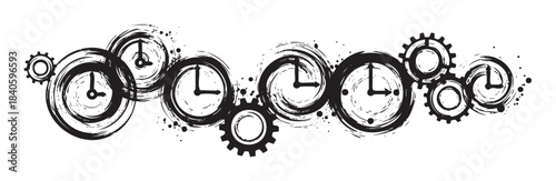 Stylized black clocks and gears form an intricate, grunge-style illustration representing the complex flow of time and mechanical processes.