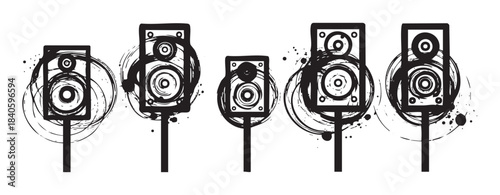 Audio speakers abstract grunge style illustration with dynamic brush strokes and ink splatters symbolizing powerful sound and music energy and rhythm.