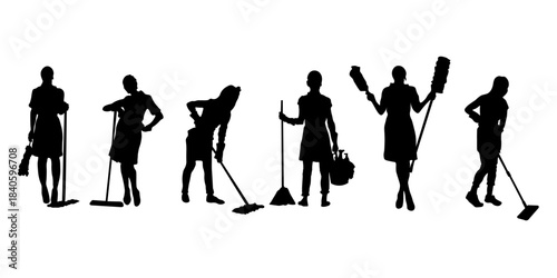 Silhouettes of cleaning staff, housekeepers and janitors with mops, brooms and cleaning tools. Vector set for housekeeping, cleaning services and professional maintenance themes.