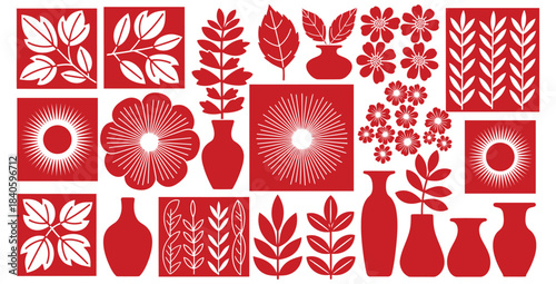 Scandinavian folk art inspired red and white graphic pattern featuring stylized floral and botanical elements