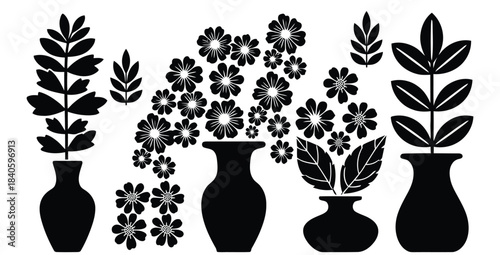 Collection of stylized black and white floral arrangements in various modern minimalist vases