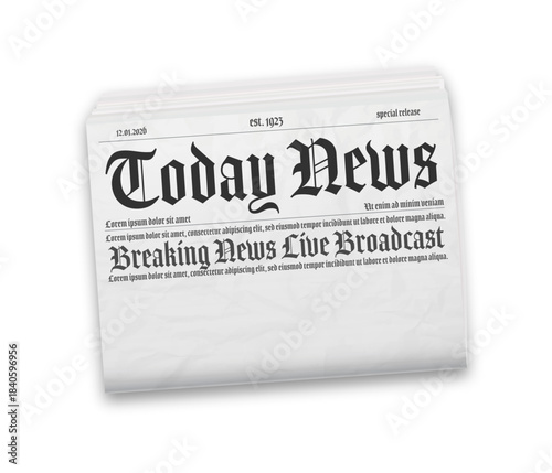 Realistic vector illustration of black and white newspaper layout. Isolated on white background