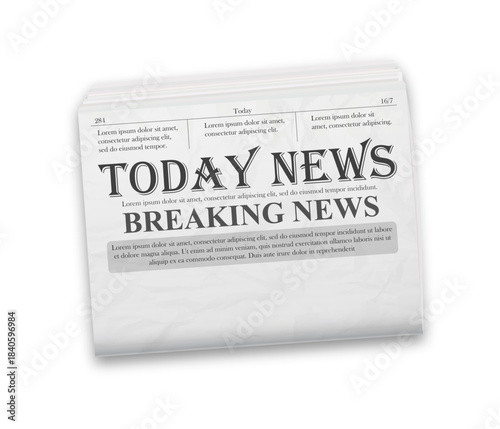 Realistic vector illustration of black and white newspaper layout. Isolated on white background