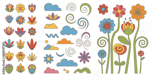 Groovy floral elements set featuring stylized flowers clouds swirls and nature icons in retro design