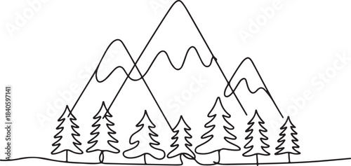 Continuous Line Art Illustration of Triangular Mountains with Pine Trees at the Base in Natural Sketch Contour