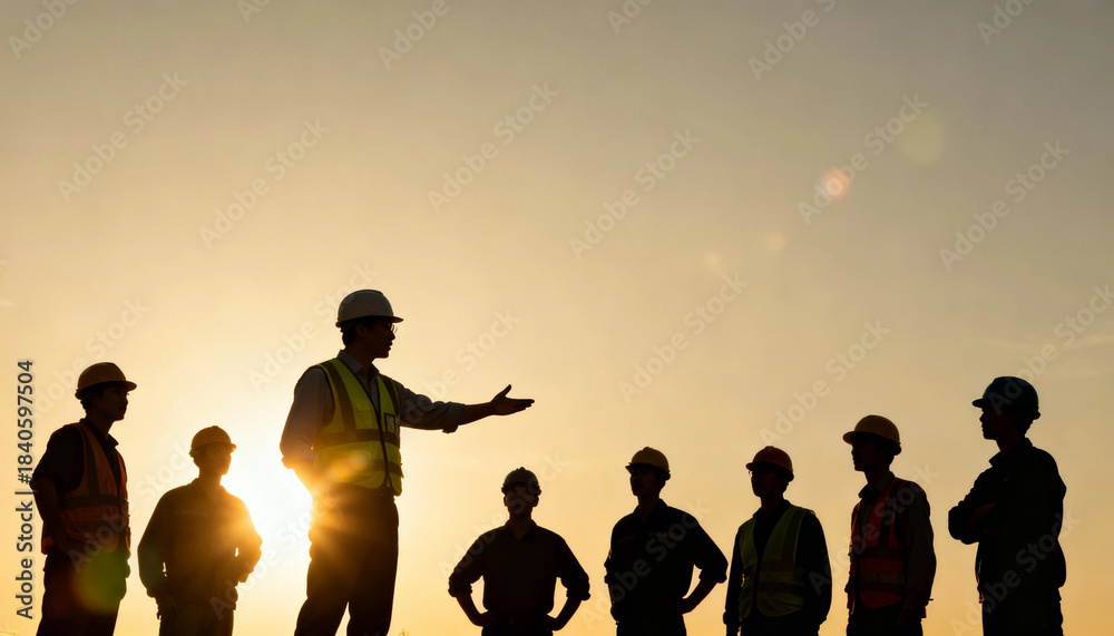 Fototapeta premium Construction foreman work leader giving safety briefing at sunset with crew listening attentively