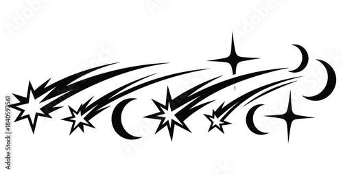 Black and white stylized graphic design featuring shooting stars crescent moons and sparkling celestial elements