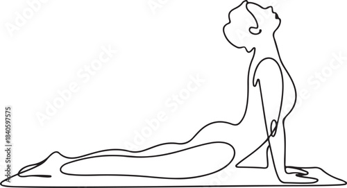 Continuous Line Art Illustration of a Yoga Cobra Posture on a Mat in Natural Sketch Contour