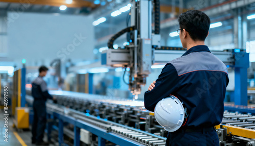 Foreman work factory supervisor watches automated production line with helmet arm focused quality control and efficiency