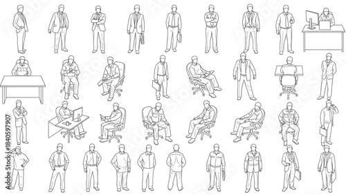 Top view cad drawing set for architectural projects, executive men standing and sitting, editable line vector
