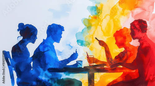 Vibrant watercolor illustration depicting silhouettes of four people engaged creative activity table, surrounded by colorful abstract patterns