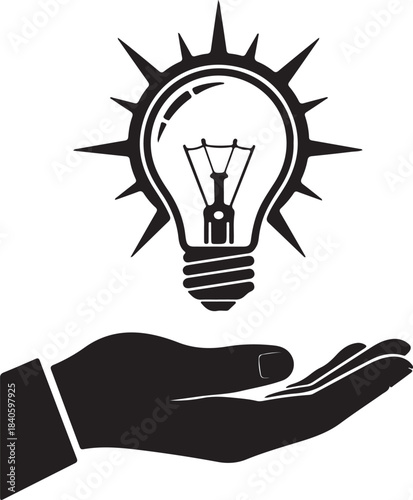 Hand holding glowing lightbulb black silhouette on transparent background vector illustration