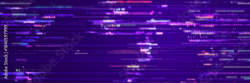 Game Glitch Pixels Screen. Abstract Cyberpunk Purple Glitched Background. Abstract Noise Effect, Error Video Damage, Stylized Data Corrupted Lines. Vector illustration. 