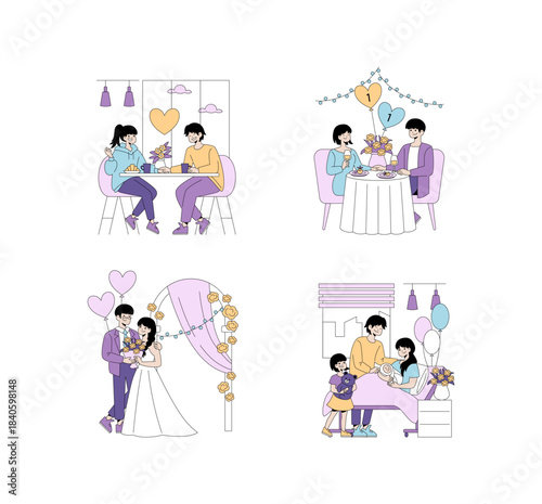 Romantic and Family Moments Vector Illustration Set