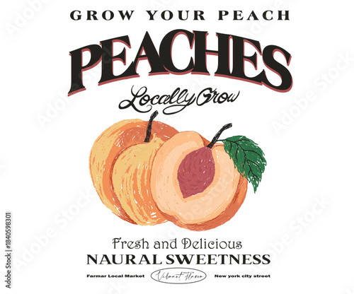 Fresh peach fruit print. Organic fruit artwork for for t-shirt.