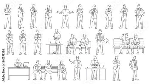 Top view cad drawing set for architectural projects, executive men standing and sitting, editable line vector
