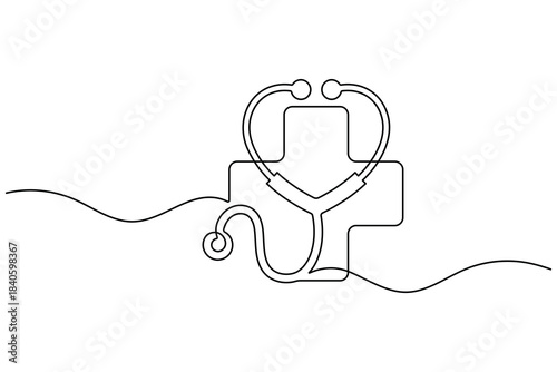 One continuous line drawing of a medical cross and heart stethoscope. illustration