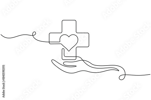 One continuous line drawing of medical help cross heart hand. vector