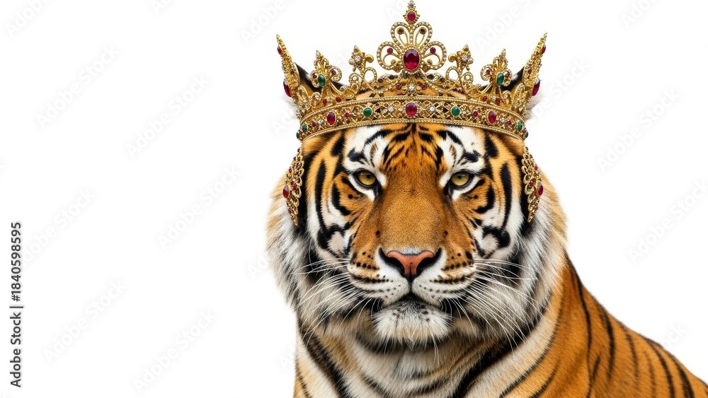Fototapeta premium Tiger Wearing an Ornate Gold Crown on White Background