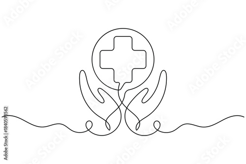 One continuous line drawing of medical help cross heart hand. vector