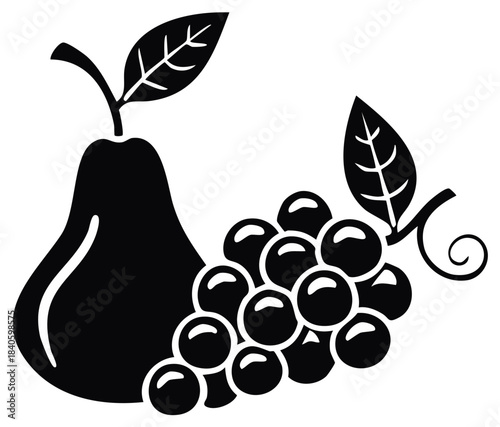 Simple pear and grapes fruit composition, black and white silhouette vector icon