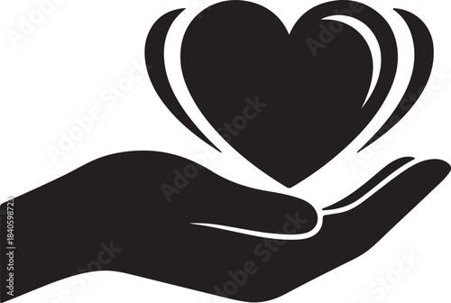 Heart in hand black silhouette isolated on transparent background care and healthcare concept