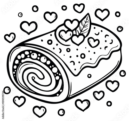 Chocolate Cake Roll with Hearts and Dots Doodles in Black and White Style for Valentine's Day Celebration
