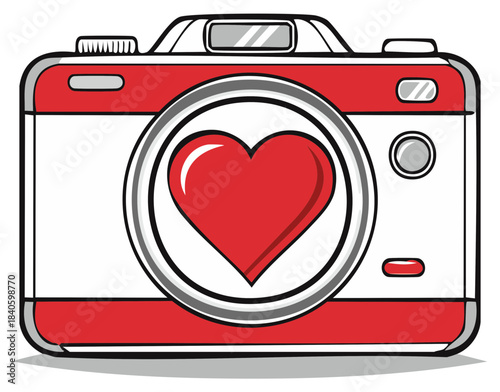 Graphic illustration of a red and white camera with a heart on the lens symbolizing love and passion for photography