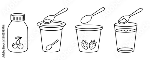 Line of yogurt containers and bottle with cherries and strawberries isolated on transparent background