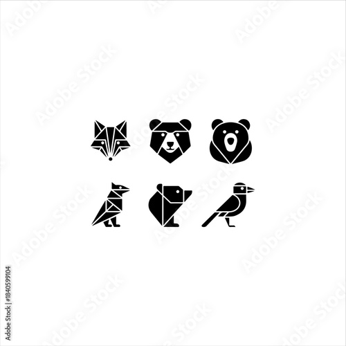 6 geometric animal shapes fox, bear, bird, solid black vector fill, white background