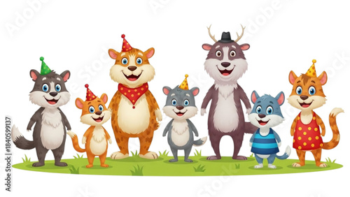 Group of happy cartoon forest animals celebrating with party hats