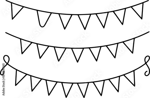 Three black triangular bunting flags on transparent background with hooks silhouette