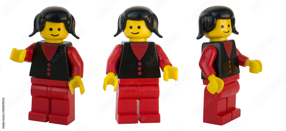 Obraz premium Figura de mujer de LEGO oficial. Tres posturas. Imagen aislada