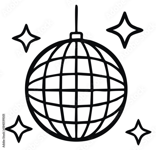 Black outline drawing of a classic disco ball with shining stars reflecting light for parties