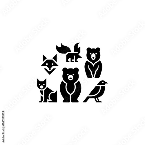 6 geometric animal shapes fox, bear, bird, solid black vector fill, white background