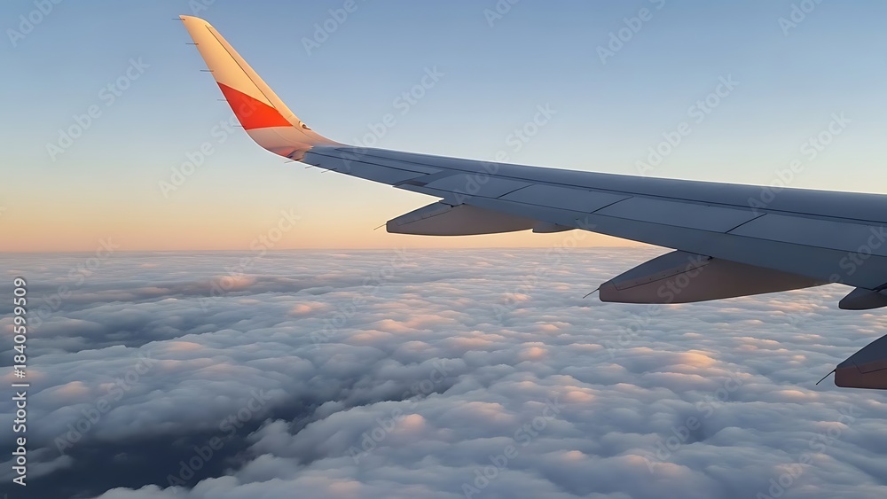 Fototapeta premium Airplane Wing Flying Above Clouds at Sunset