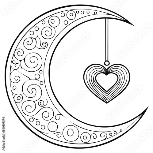 Decorative Crescent Moon with Hanging Ornate Heart Illustration