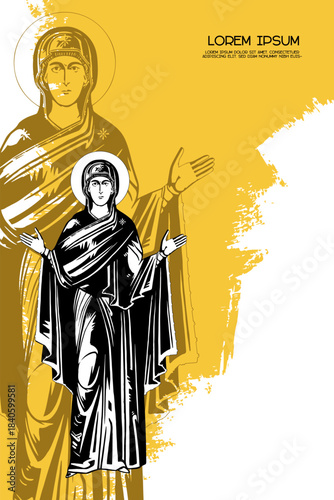 Religious vintage poster template with Assumption of Mary. Christian illustration in Byzantine style