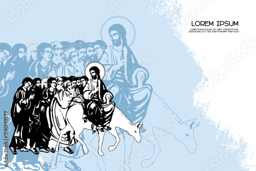 Religious vintage poster template with Jesus riding a donkey (Palm Sunday) Jesus' triumphal entry into Jerusalem. Christian illustration in Byzantine style