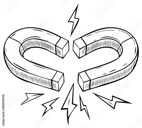 Two horseshoe magnets attracting with electric energy drawing illustration
