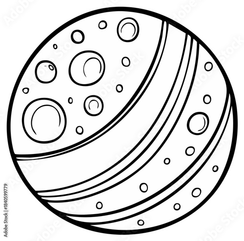 Planet doodle with craters and stripes, black and white outline