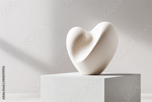 White sculpted heart standing on a geometric pedestal in soft neutral light, representing purity, elegance, minimalism and contemporary artistic design for romantic concepts.