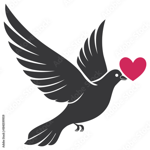 Silhouette of a dark grey bird in flight carrying a pink heart in its beak