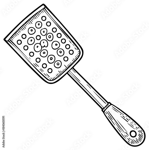 Classic kitchen slotted spatula utensil hand drawn cooking tool black and white illustration