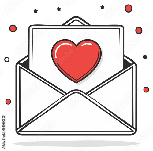 Open Envelope Holding Card with Heart Symbol for Romantic Valentine's Day Message