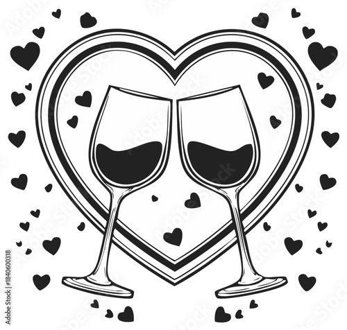 Heart background with two wine glasses, vector illustration for valentines or wedding day celebration