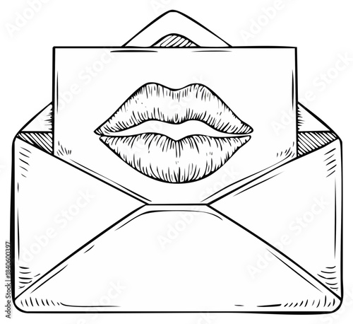 Kissing lips sketch on card in envelope love letter handwritten message vector art communication romance affection intimacy Valentine's Day