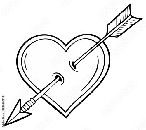 Black and white heart pierced by an arrow, a simple line art symbol of love